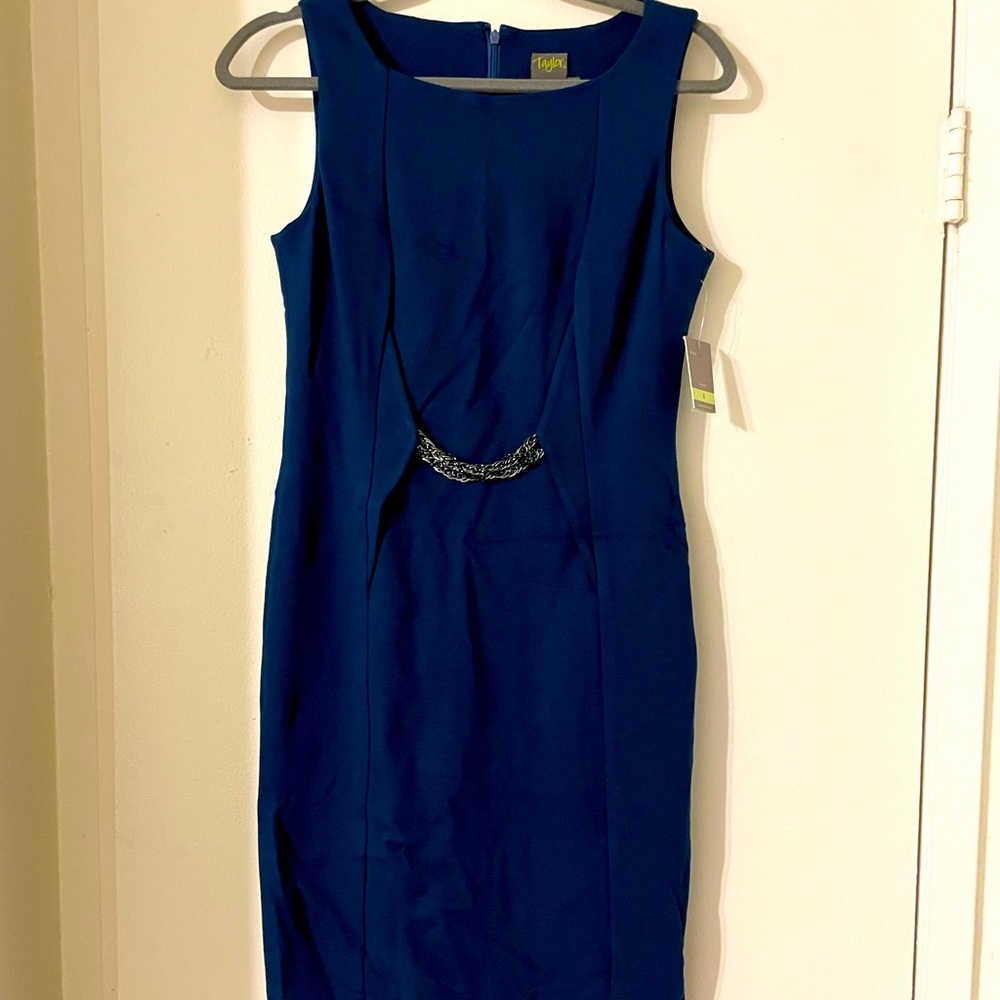 Taylor Navy Business Casual Dress with Chain Accent